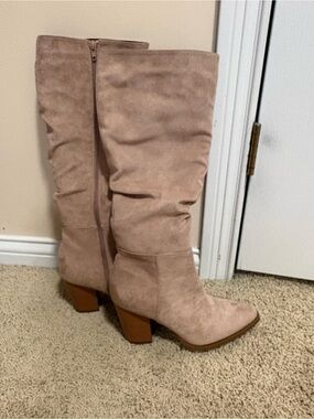 Slouchy Knee-High Heeled Boots in Khaki Suede